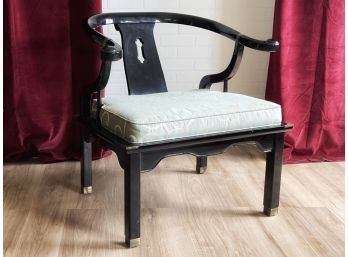 Ming Style Black Lacquer Occasional Chair With Keyhole Design And Brass Accents