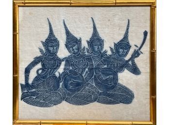 Vintage Thai / Cambodian Inspired Woodblock Print With Gold Leaf 'bamboo' Frame