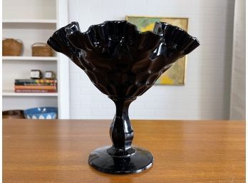 Vintage Fenton Black Art Glass Pedestal Basket With Thumbprint Pattern