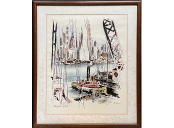 Vintage John Hayman Colored Sketch Framed Lithograph Print 'new York Skyline'