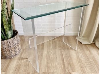 Clear Lucite Console / Entry Table With Thick Beveled Glass Top