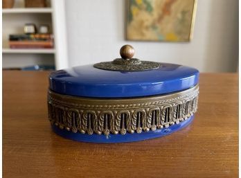 Cobalt Blue Ceramic Keepsake Box With Decorative Metal Relief
