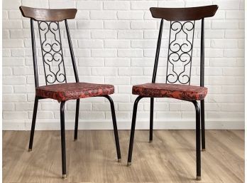Vintage Pair Of Black Coated Metal Bistro Chairs With Red/black Floral Seat Cushion