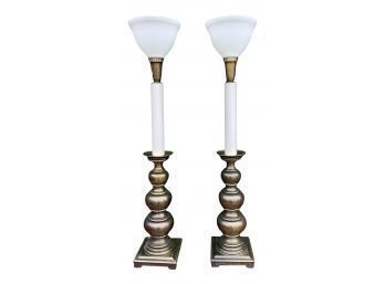 Tall Burnished Brass Column Lamps With Glass Shades - A Pair