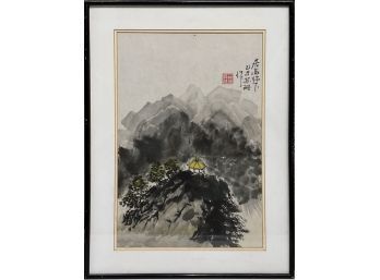 Interesting Framed B&W Chinese Artwork - Mountains And Pagoda