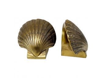 Vintage Heavy Brass Clamshell Bookends - A Pair