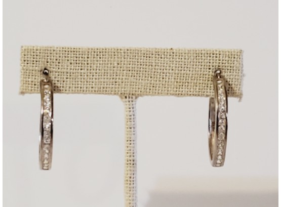 Pair Of Ladies Sterling Silver 925 & Rhinestone Pierced Hoop Earrings