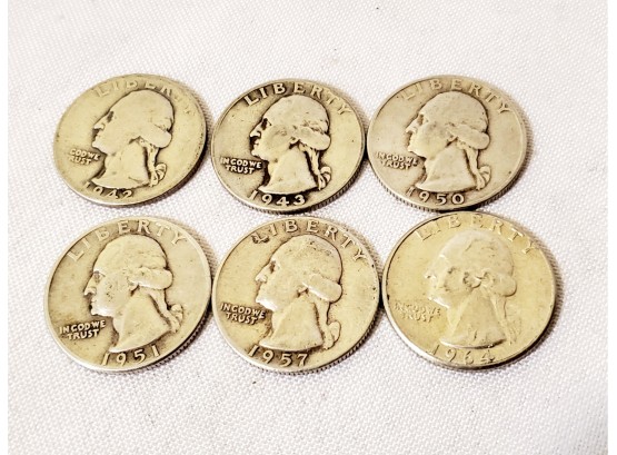 Six Vintage US Silver Quarters - Years Ranging From 1942 To 1964
