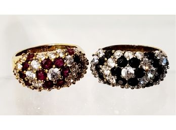 Pair Of Gold Plated Sterling Silver And Crystal Cocktail Rings Size 8