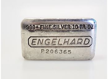 Vintage Engelhard 10 Troy Ounce .999 Fine Silver Bar - Poured Bar