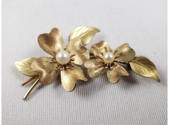 Vintage Krementz Costume Jewelry Floral Ladies Brooch With Real Pearls