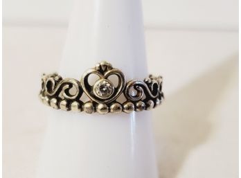 Dainty Pandora ALE 925 Sterling Silver & Cubic Zirconia Princess Crown Ring - Size 8.5