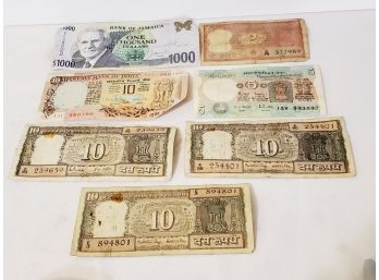 Seven Assorted Bank Of Jamaica & Reserve Bank Of India Foreign Banknotes