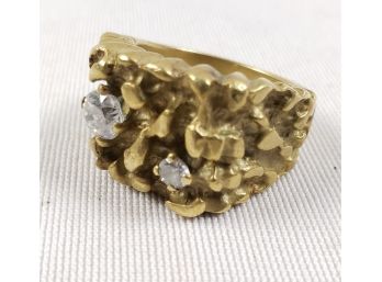 Vintage Mid-century Men's Brass Brutalist Nugget Style Ring With Rhinestone Accents