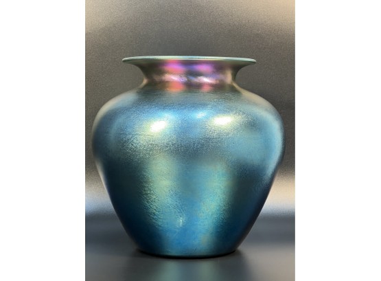 Victor DURAND #1710 Peacock Blue Iridescent Art Glass 10.' Cabinet Vase Signed