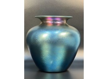 Victor DURAND #1710 Peacock Blue Iridescent Art Glass 10.' Cabinet Vase Signed