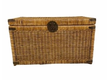 Vintage Wicker Rattan Trunk With Brass Accents