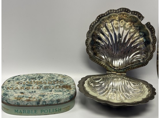 A Vintage Goddard Marble Polish Tin & Clam Shell Caviar Dish