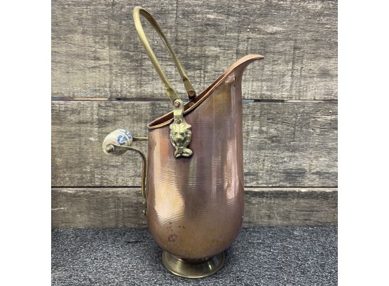 Vintage Copper & Brass Coal Scuttle With Porcelain Handle And Lion Head Handle Accent