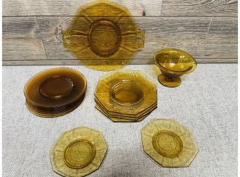A Large Collection Of Amber Colored Glass Dishes Including A Cambridge Dodgecagon Platter