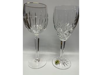 Two Waterford Crystal Wine Glasses, One With A Gold Rim