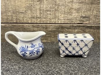 Pair Of Porcelain Pieces - Vintage Flower Frog Vase & Small Creamer