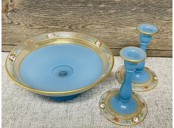 Vintage Baby Blue Glass Bowl & Candlesticks, Gilded Detail And Hand Painted Flowers