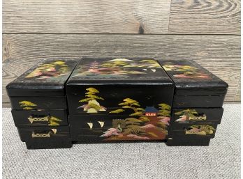 Vintage Japanese Black Lacquer Music Jewelry Box With Key - The Figure Spins!