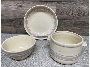 A Trio Of McCoy Blue And Pink Stripe Serving Dishes