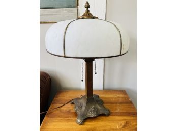 A Stunning Art Nouveau 6 Panel Slag Curved Glass Table Lamp With Cast Iron Base & Brass Detail