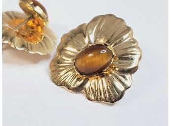 14k Yellow Gold 2 Piece Tigers Eye Stud Earrings With Removable 14k Surround