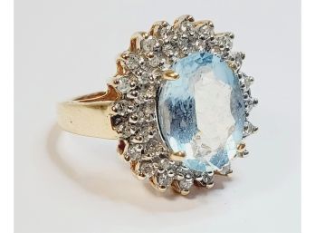 Vintage 10k Gold Aqua Blue Topaz Large Stone Diamond Ring