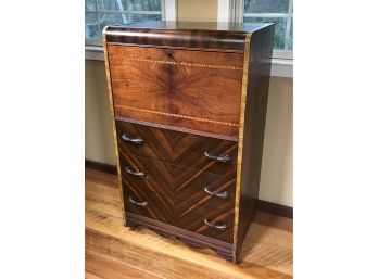 Very Unusual Art Deco Waterfall Tall Chest With Drop Front Desk - 1930s - 1940s Original Fish & Pulls