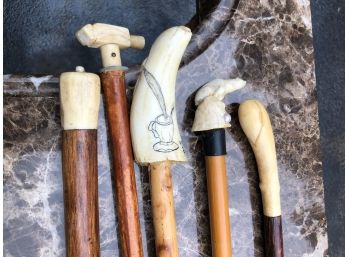 Fantastic Lot Of Six (5) Vintage Canes / Walking Sticks With Carved Bone Handles - Fantastic Vintage Lot . . .