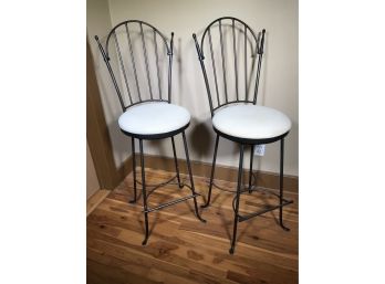 Pair Of Very High Quality Wrought Iron Bar Stools / Kitchen Stools - Auto Centering - Great Pair Of Stools