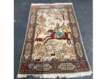 Interesting Vintage All Hand Made Rug With Trees - People - Horses - Deer & Other Animals - Sold As Is !