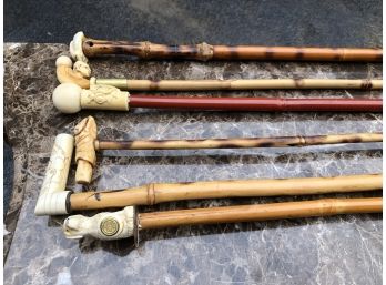 Fantastic Lot Of Six (6) Vintage Canes / Walking Sticks With Carved Bone Handles - Fantastic Vintage Lot . . .