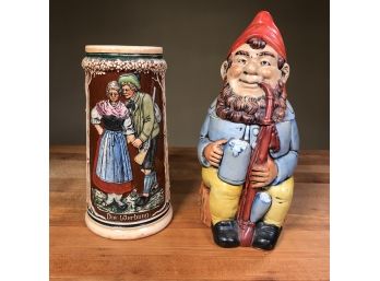 Two Vintage German Steins / Tankards One Traditional - One Figural - Both Appear Undamaged - Nice Pieces !