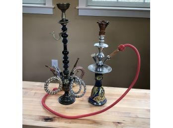 Two Vintage Hookah Pipes - Very Nice Pieces - Taller Is Etched Solid Brass - Both High Quality Pieces