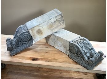 Pair Of Incredible Large Antique Cast Stone Corbels From Monastery In England - 101 Uses - Great Look !