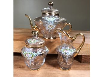 Fabulous Vintage Moser / Moser Style Tea Set - Lovely With Floral Enameling - Very Pretty Three Piece Set