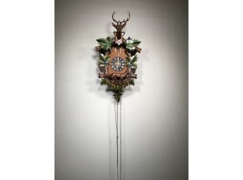 Vintage Heavily Carved Black Forest Cuckoo Clock - With Two Cast Iron Pinecone Weights - Unsure If Working