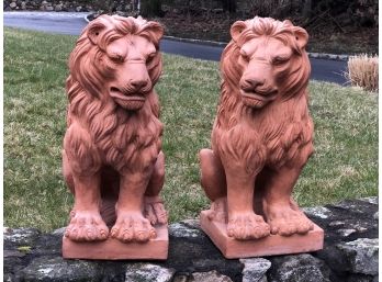 Incredible Vintage Pair Of Terracotta Lions - Highly Detailed - Opposing / Left & Right - Marked Made In Italy