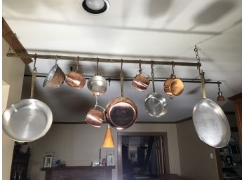Amazing Hanging Pot Rack With Copper Pans & Molds Along With Copper Measuring Cups With Rack - 15 Pieces !