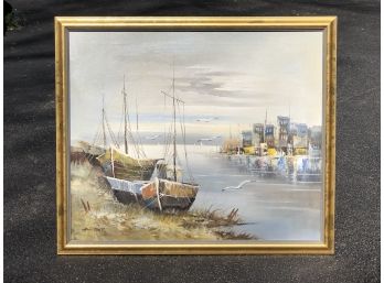 Very Pretty Acrylic On Canvas Of Boats / Water / Houses Looks Like Its Signed Hautone ? Hantone ? Very Nice