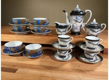 Two Fabulous Vintage Japanese Dragonware Teasets - Most Pieces Have Garland Geisha Lithophane Bases - 23 Piece