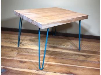 Great Vintage Side Table - Hardwood Top With Blue Hair Pin Legs - VERY Solid - No Damage Or Issues !