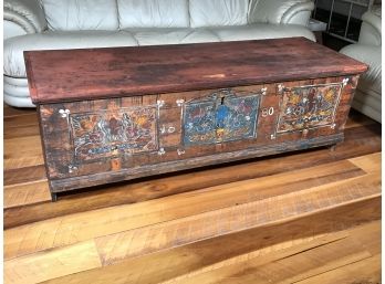 Wonderful Antique Blanket Box GREAT Worn Paint - Dated 1880 - Great Cocktail / Coffee Table Or TV Stand