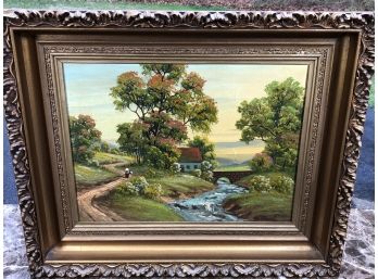 Lovely Antique Oil On Canvas Painting - Signed By C. Powell / G. Powell - Peaceful Cottage / Stream Scene
