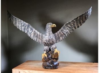 Incredible All Hand Carved Wood Majestic Bald Eagle - ALL HAND CARVED - HUGE 39' Wingspan - AMAZING PIECE !